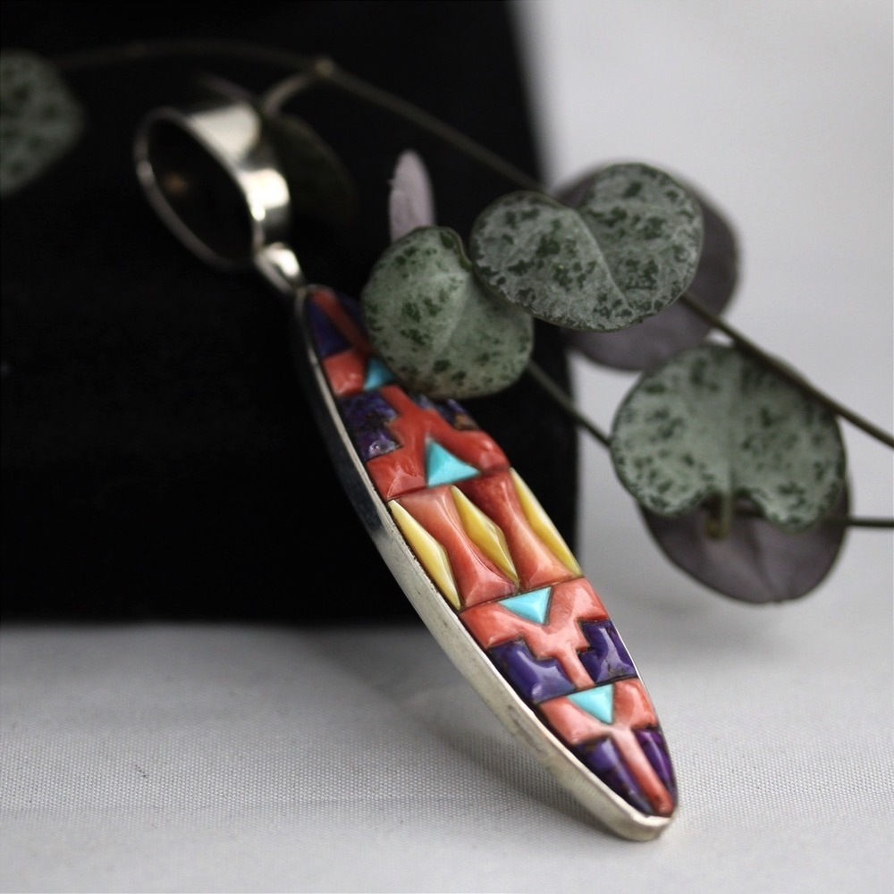 Sam Poblano Zuni Sterling Silver Inlay Pendant Signed Rare Spiny Oyster Lapis
